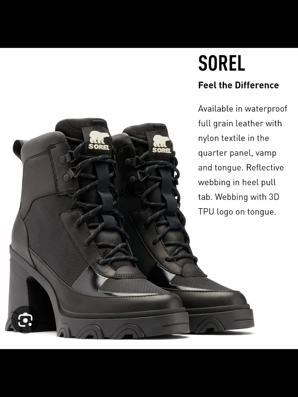 Sorel Black Waterproof Leather & Nylon Chunky-Heel Lace-Up Boots Size 9